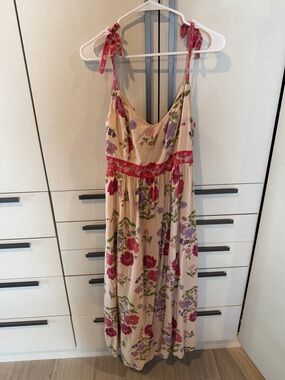 Floral Tie-Shoulder Maxi Dress in Cream with Pink and Purple Blooms